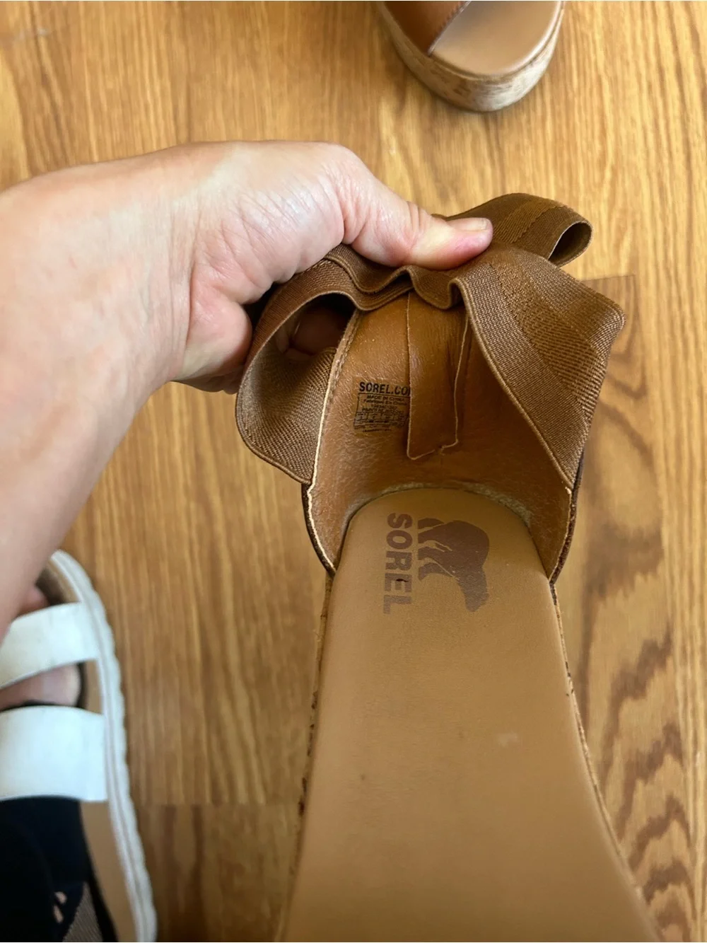 Sorel Cameron Brown Cork Wedge Sandals with Elastic Ankle Straps